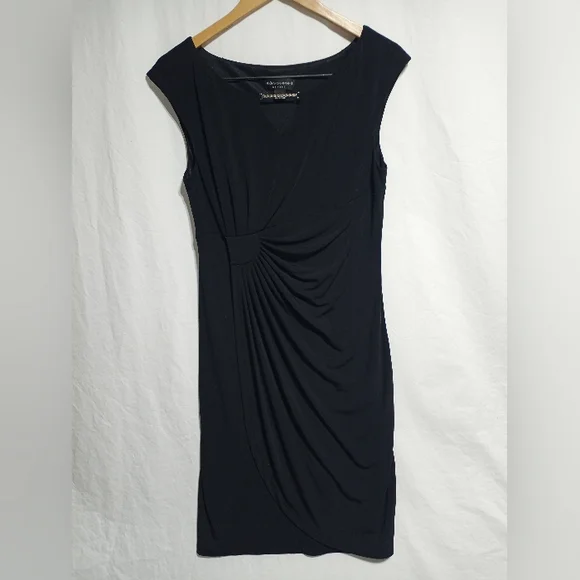 Connected Apparel Lisa Metal Detail Bar Black Faux Wrap Rouch Dress Size 10 - Picture 5 of 11
